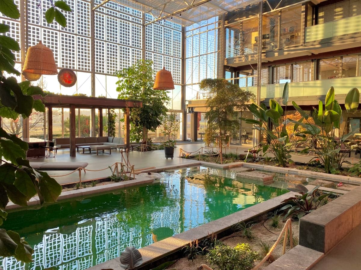 L'atrium de l'espace de coworking Innergarden avec lumière naturelle et plantes