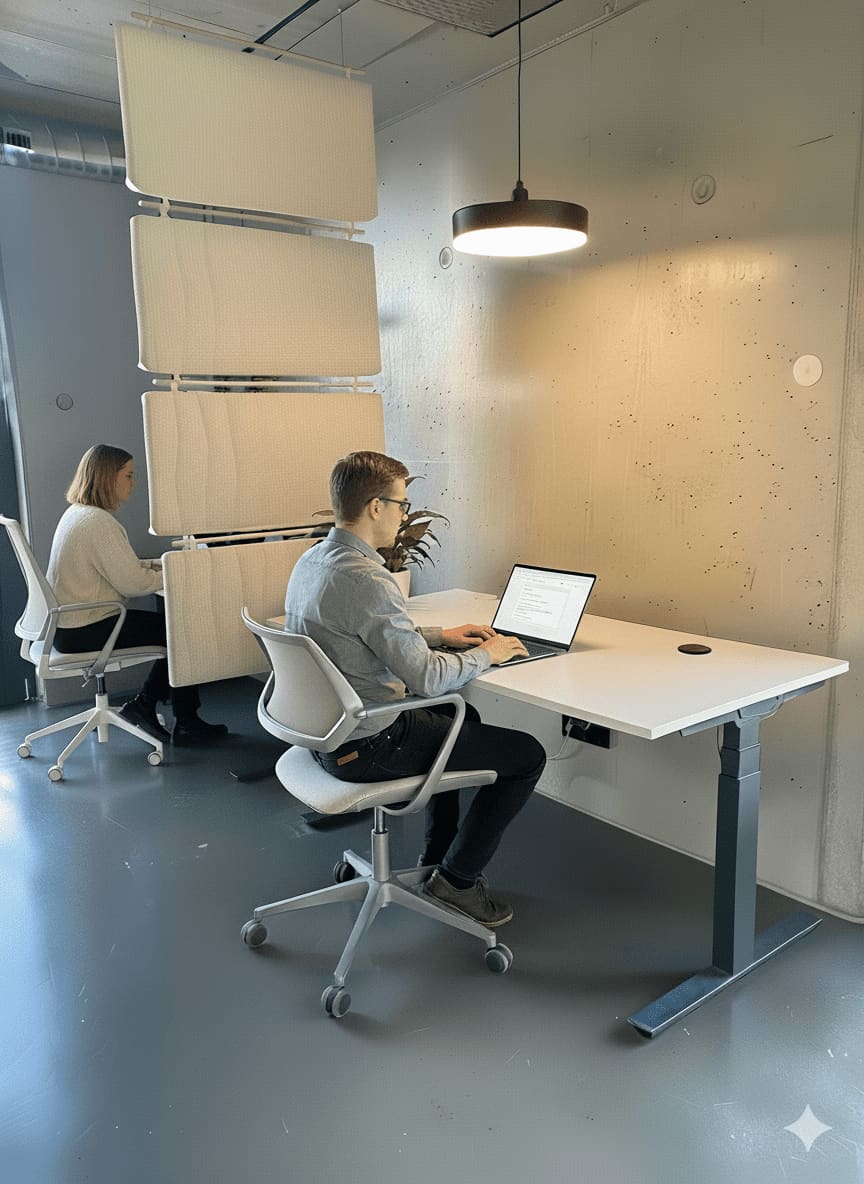 Workstations surrounded by plants inside Innergarden
